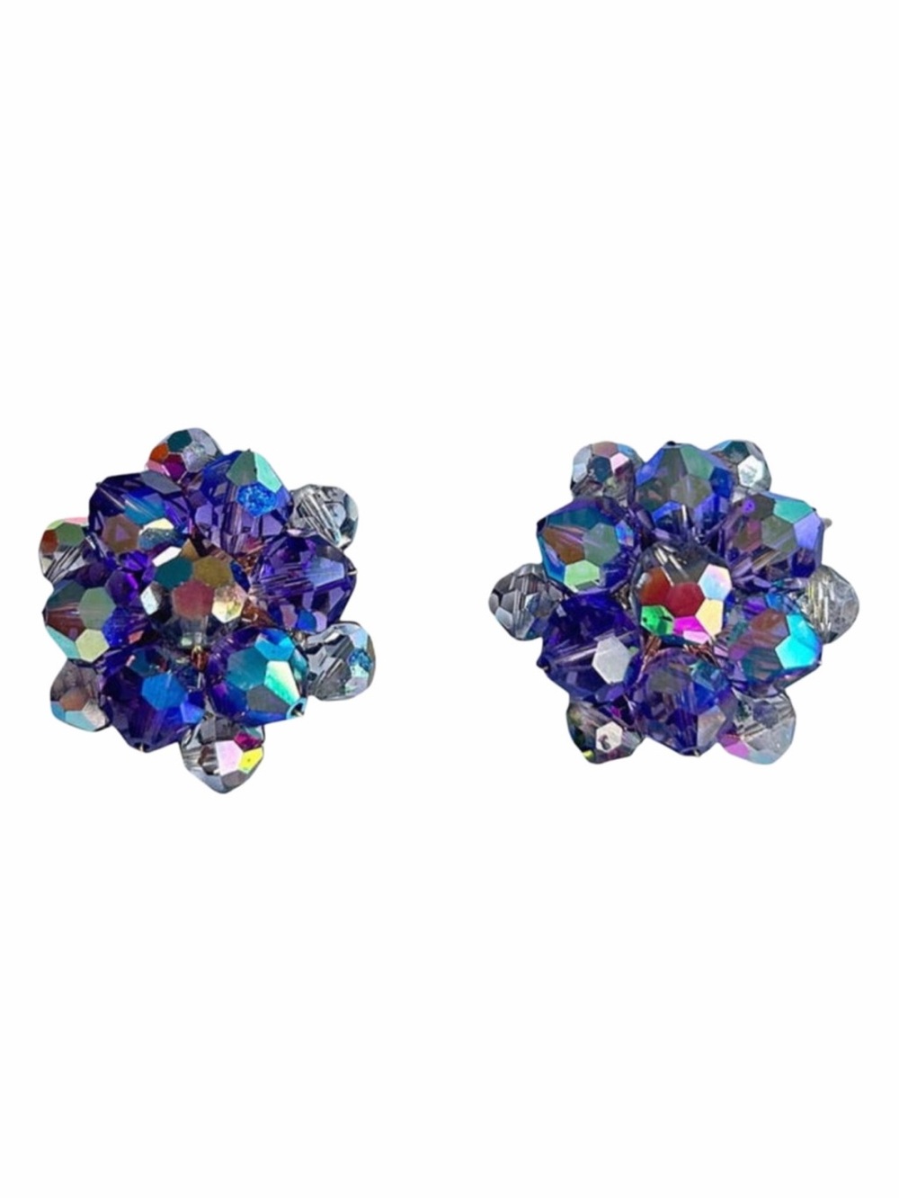 Vintage 1950s Purple and Blue Aurora Borealis Beaded Cluster Earrings